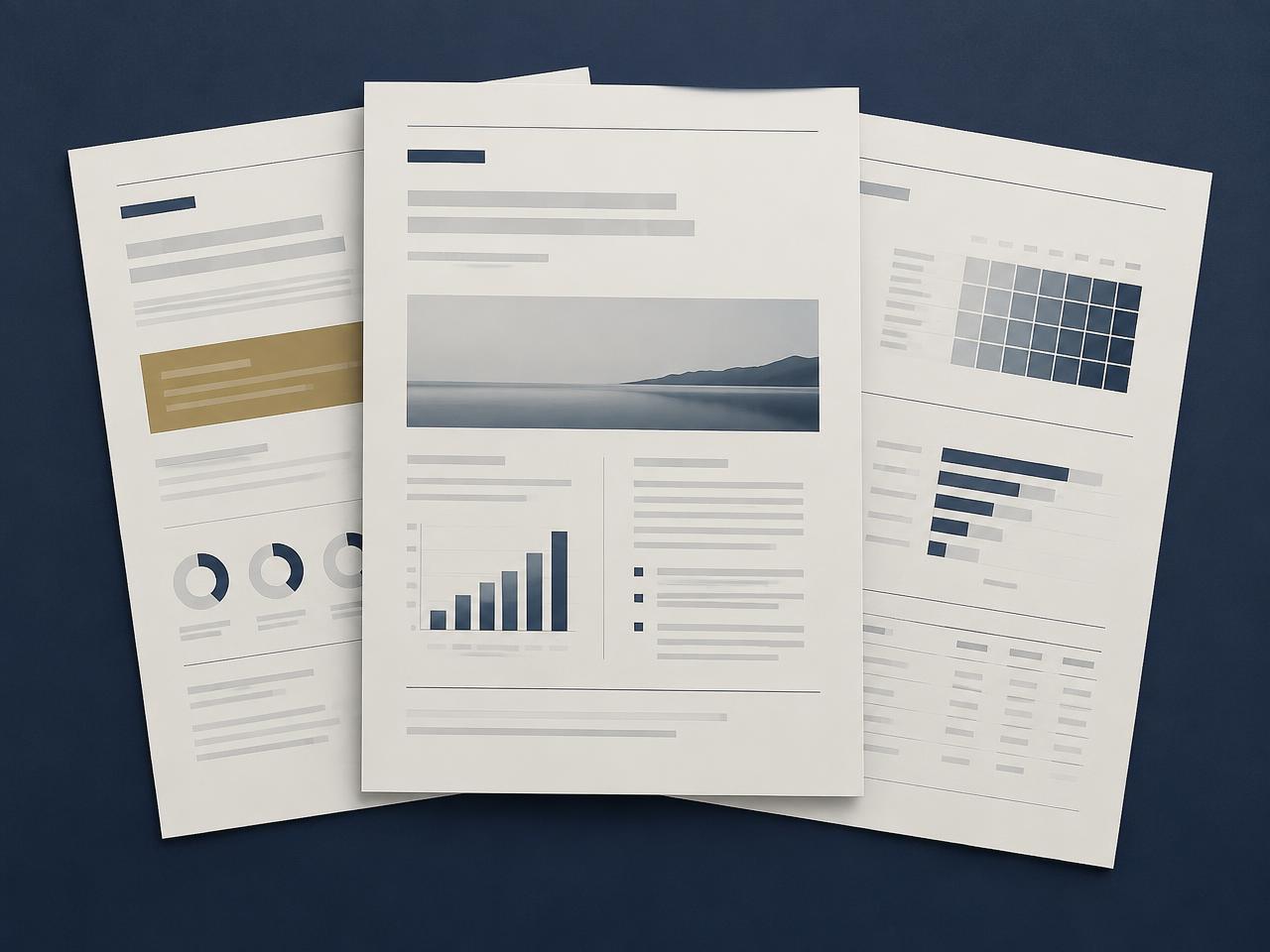 Layered executive report pages showing a matrix, scorecard bars, and a highlighted summary panel